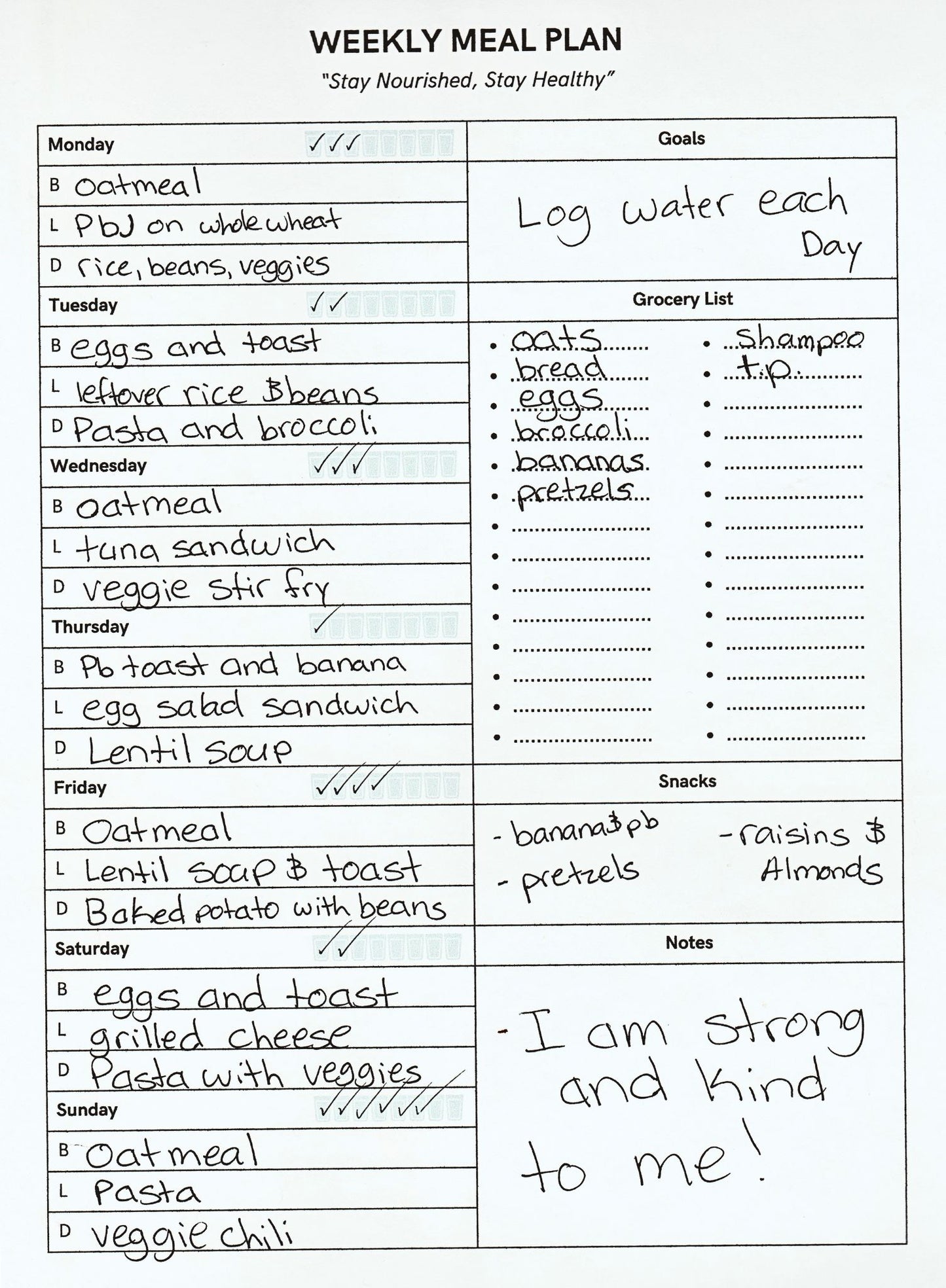 Weekly Meal Plan Template - 7 Day Tracker, Hydration, Goals, Grocery List & Notes