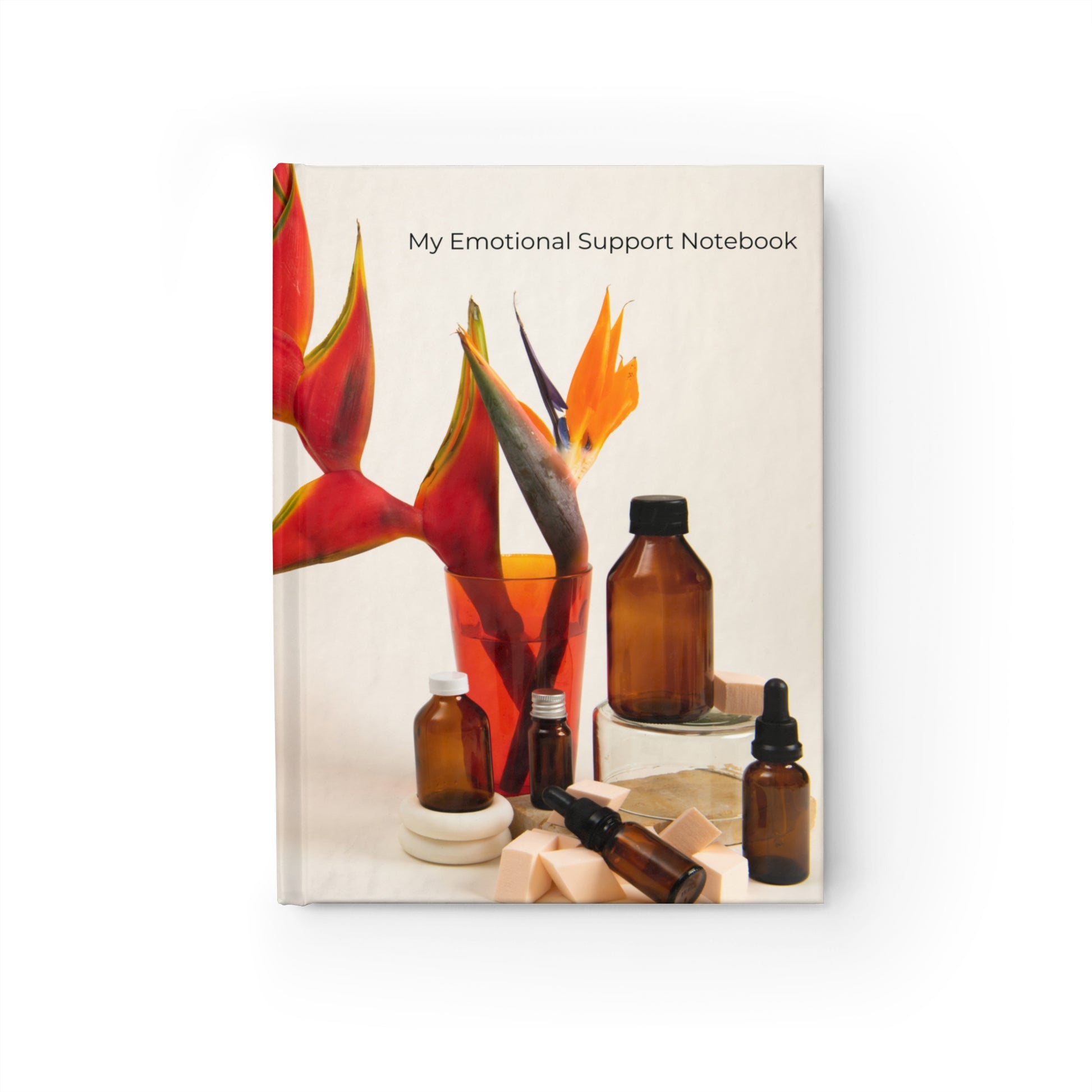 Notebook cover with flowers and bottles on a white background