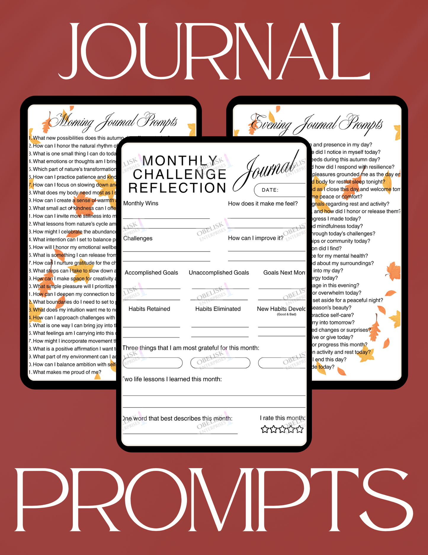 Journal prompts with autumn leaves design on a red background