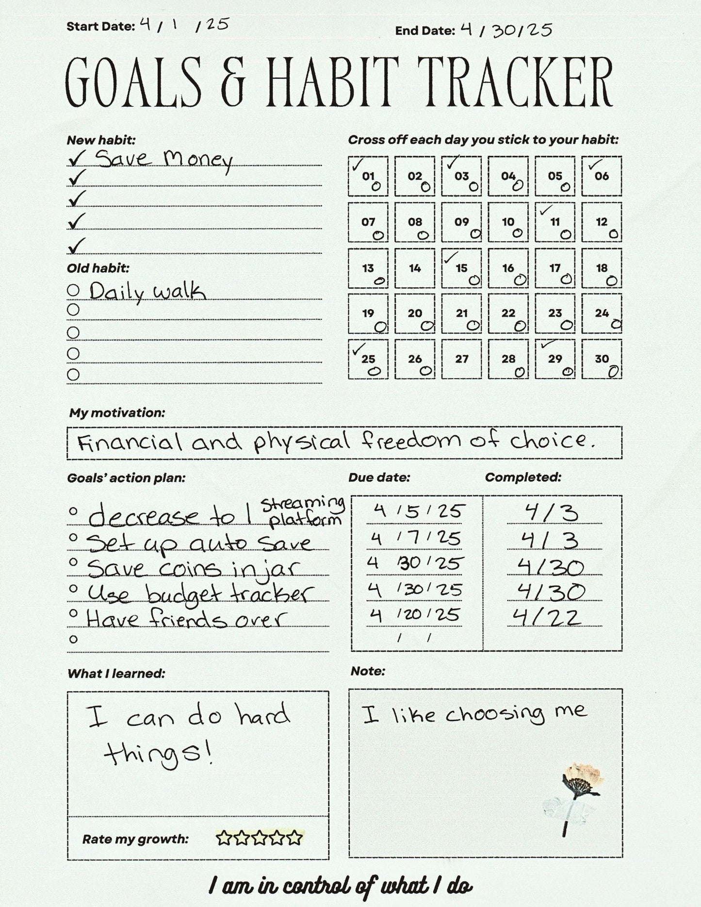 Goal and Habit Tracker Template - 30 Day Checklist, Motivation & Action Plan