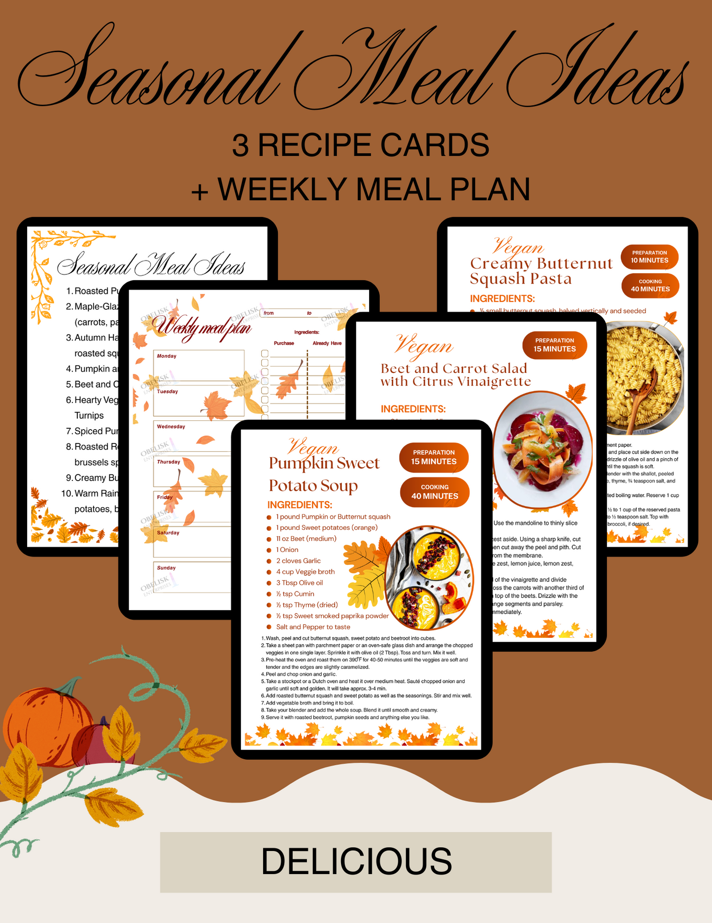 Promotional graphic for seasonal meal ideas with recipe cards and weekly meal plan on a brown background.