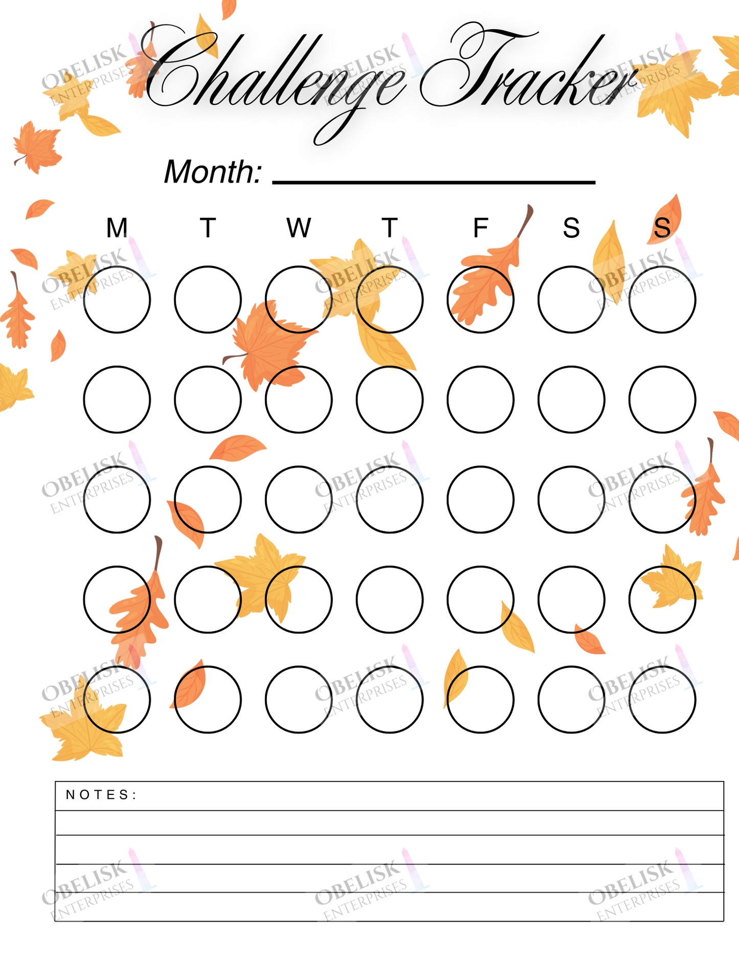 Challenge tracker with fall leaf design and space for notes