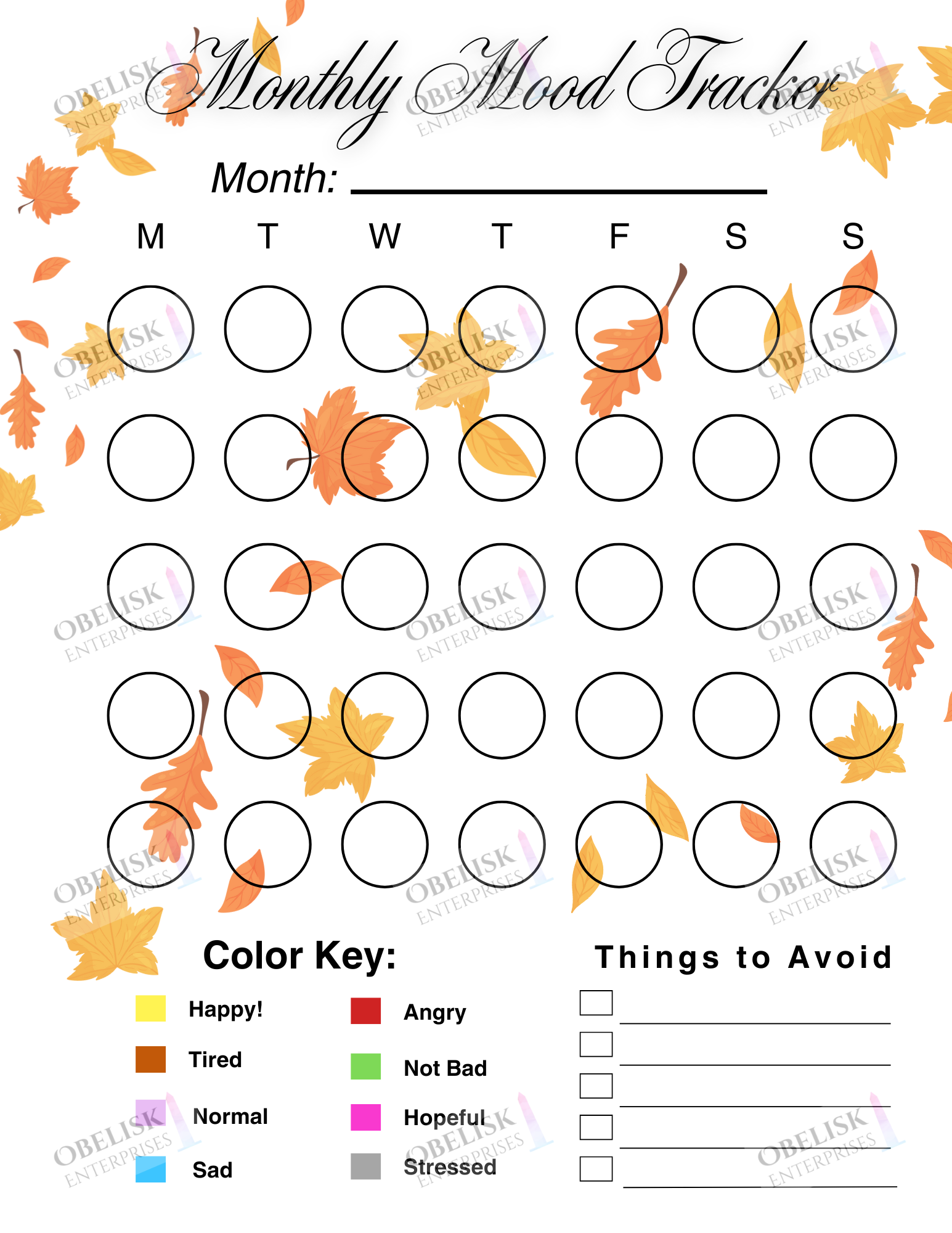 Monthly mood tracker with fall-themed design and color key