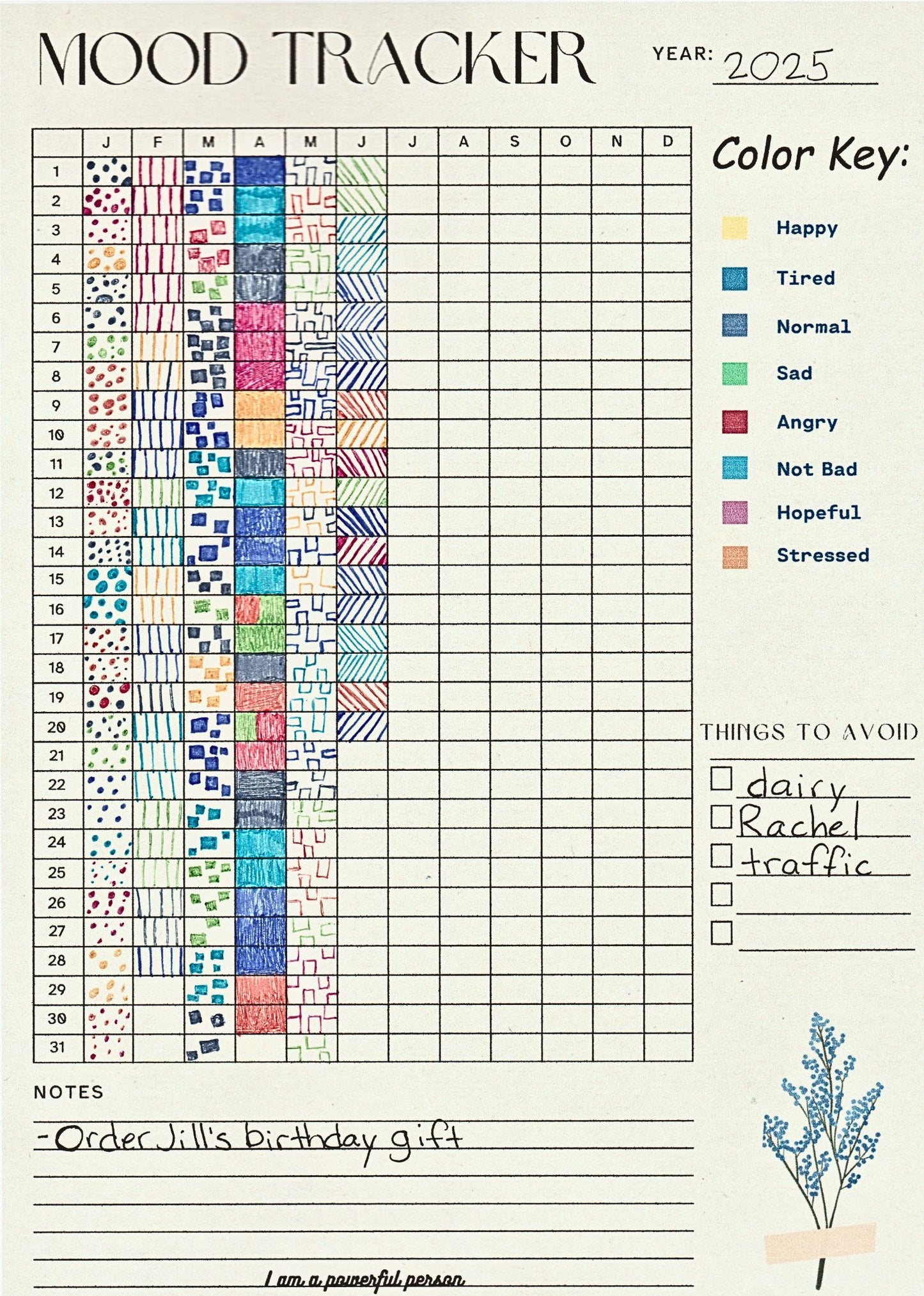 365 Day Mood Tracker – Annual Emotions Chart, Color Key, Notes & Avoid List
