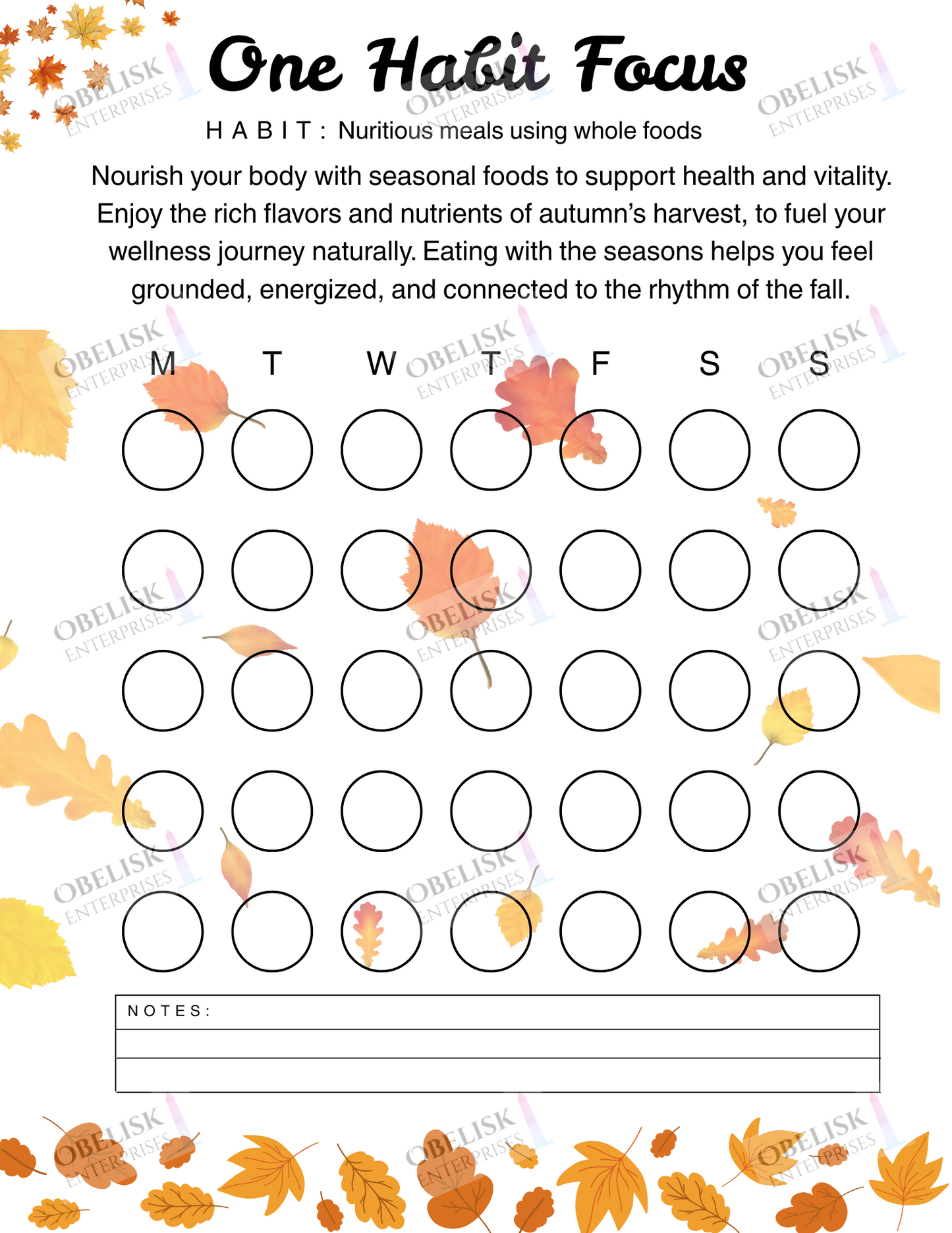 Weekly habit tracker with autumn leaves design and text about nutritious meals using whole foods.