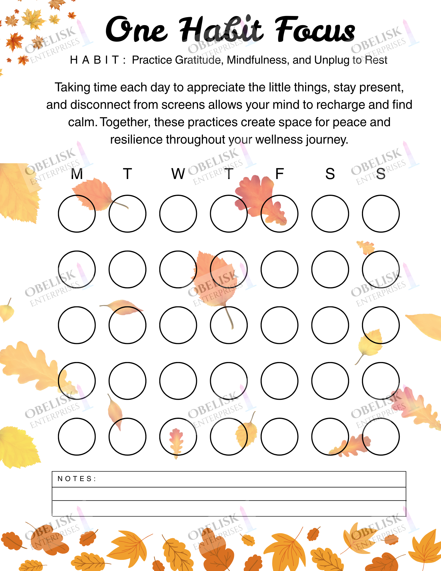 Weekly habit tracker with gratitude and mindfulness practice, decorated with autumn leaves.