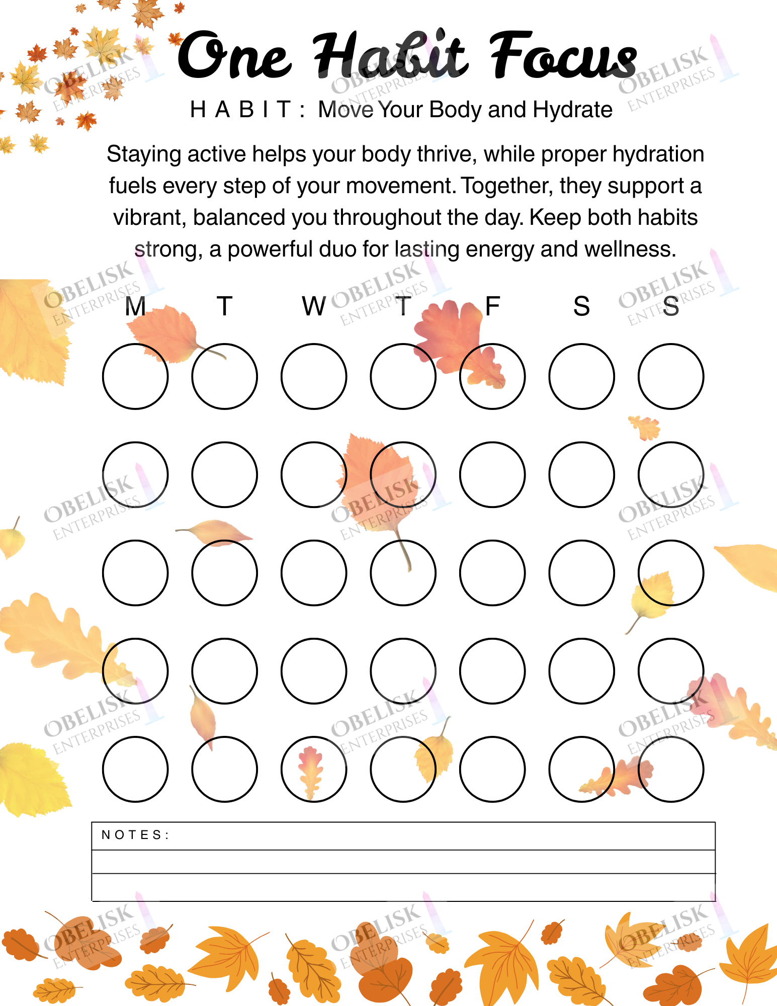 Weekly habit tracker with fall leaf design and text about staying active and hydrated.