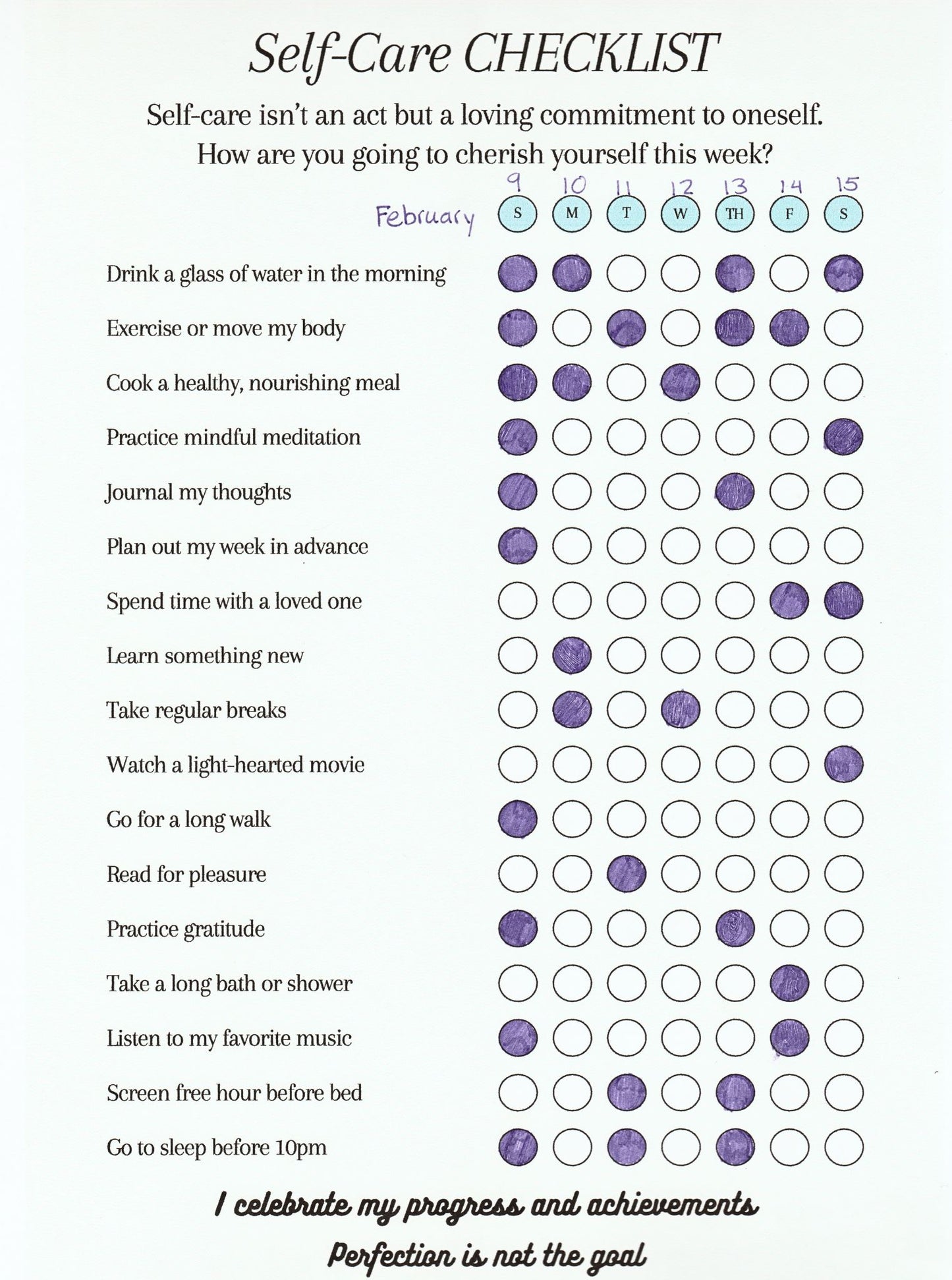 Self Care Tracker – 17 Habit Checklist, 7-Day Progress Chart