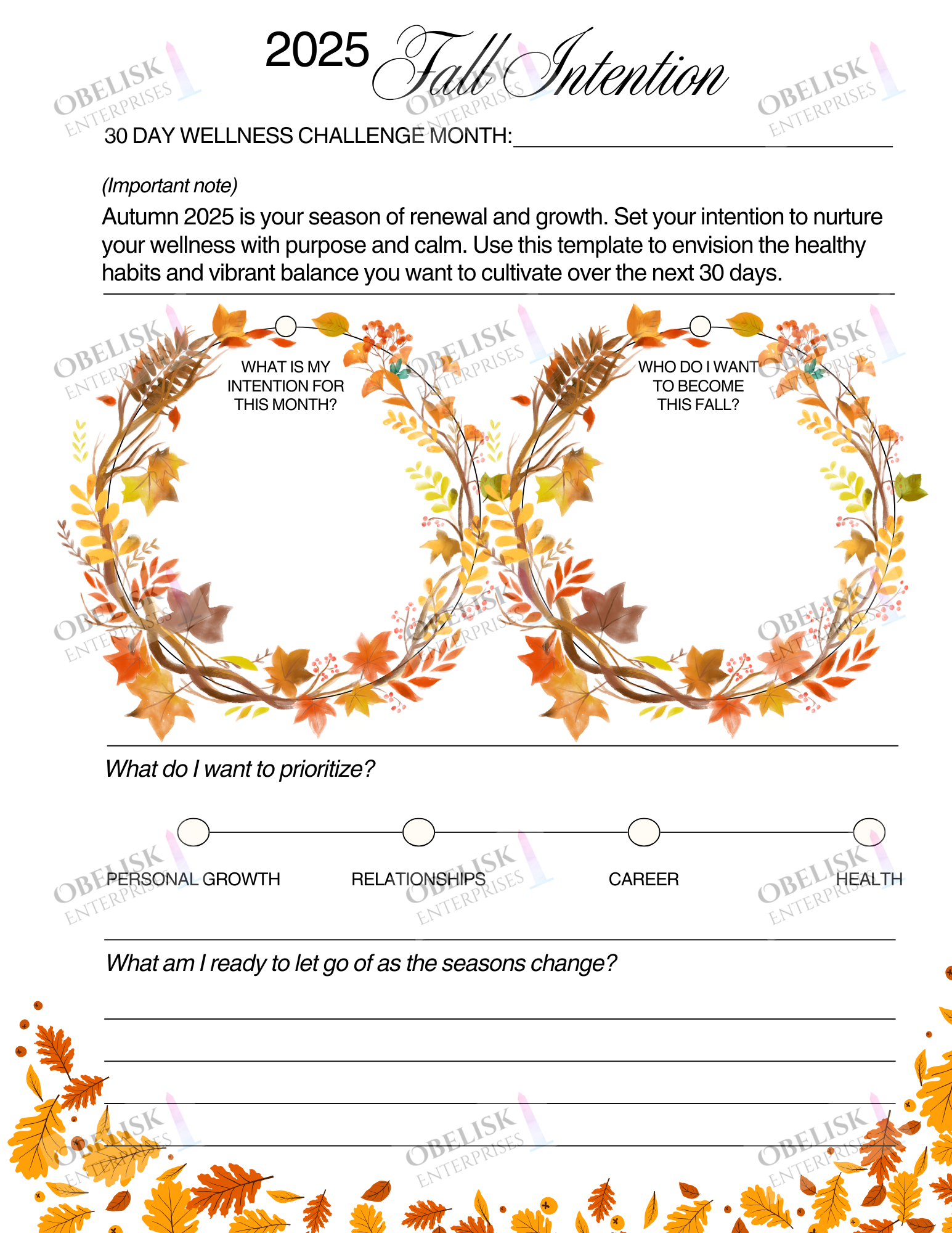 Fall-themed wellness challenge template with autumn leaves and text prompts.