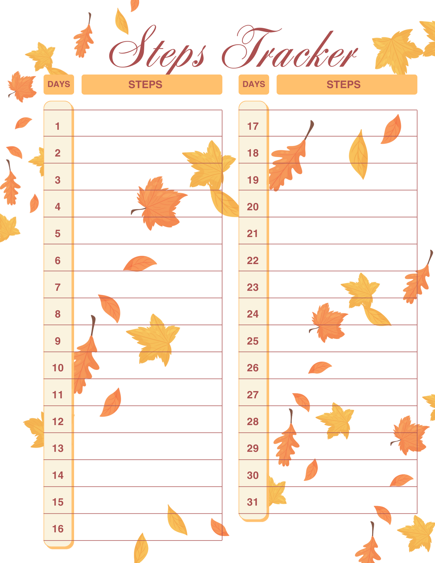 Steps tracker with autumn leaf design on a white background