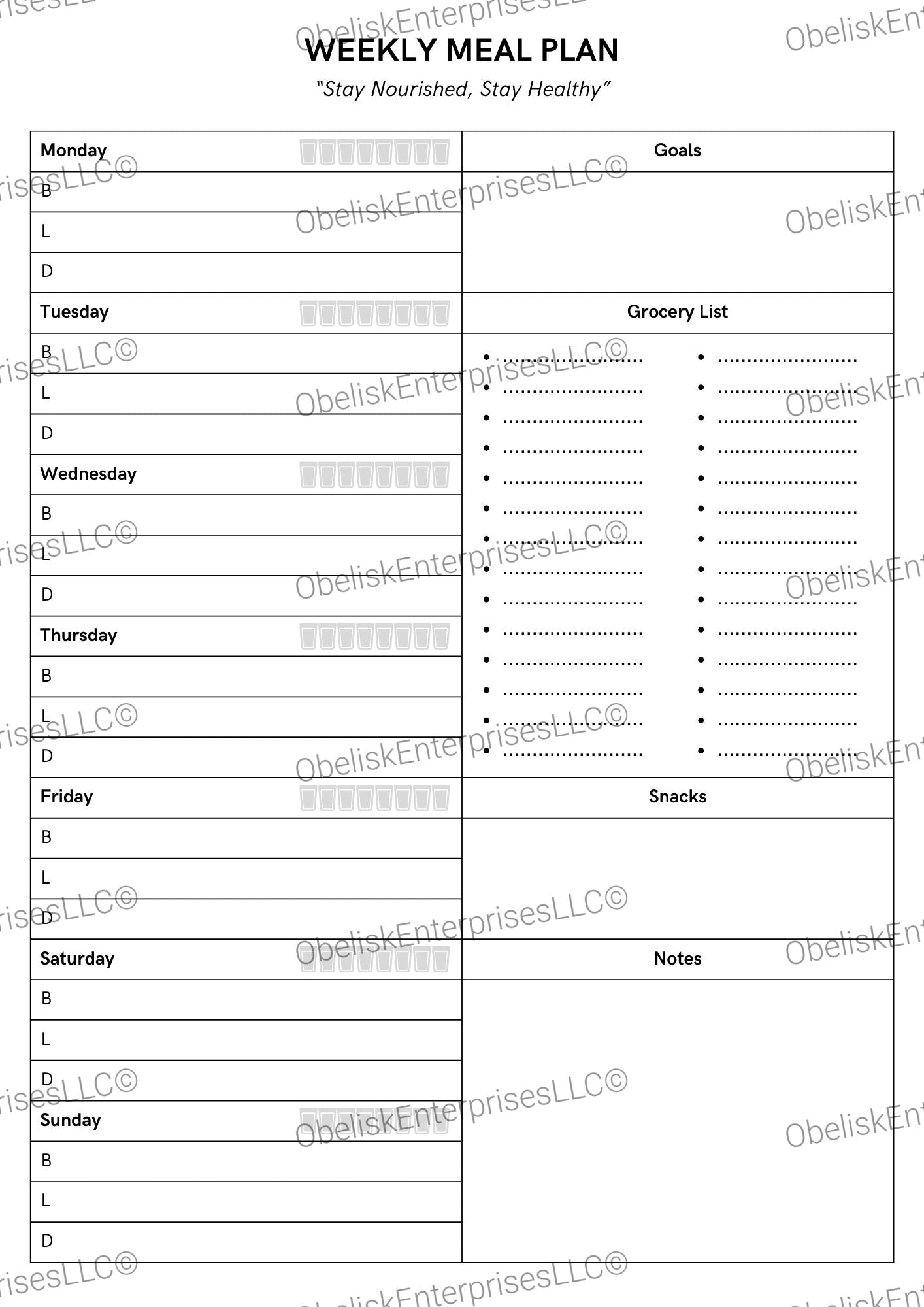 Weekly Meal Plan Template - 7 Day Tracker, Hydration, Goals, Grocery List & Notes