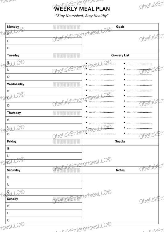 Weekly Meal Plan Template - 7 Day Tracker, Hydration, Goals, Grocery List & Notes