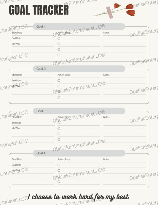 Multi-Goal Tracker Template - Track 4 Goals with Dates, Motive, Steps & Reflections