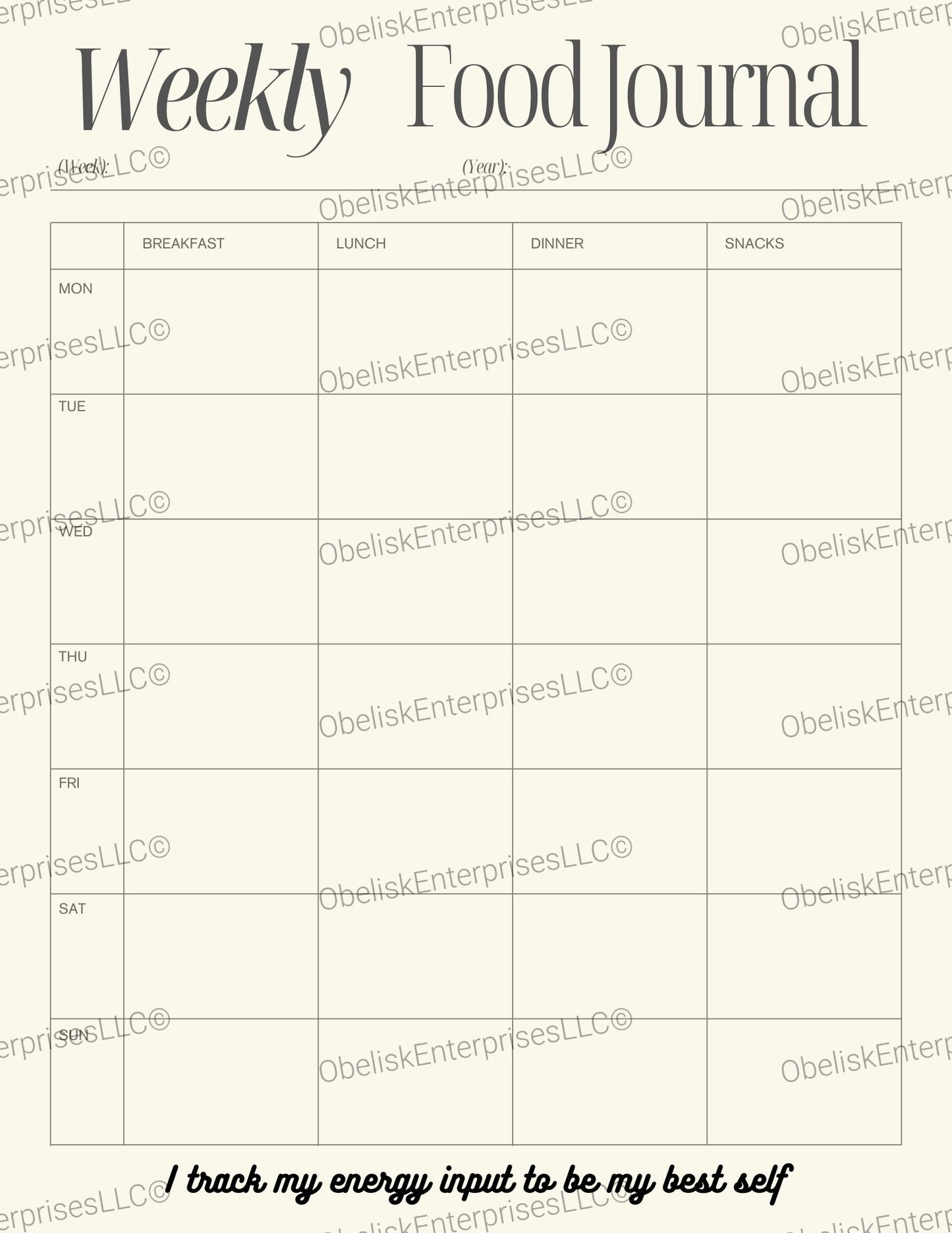 Weekly Food Journal Template - Breakfast, Lunch, Dinner, Snacks for 7 Days