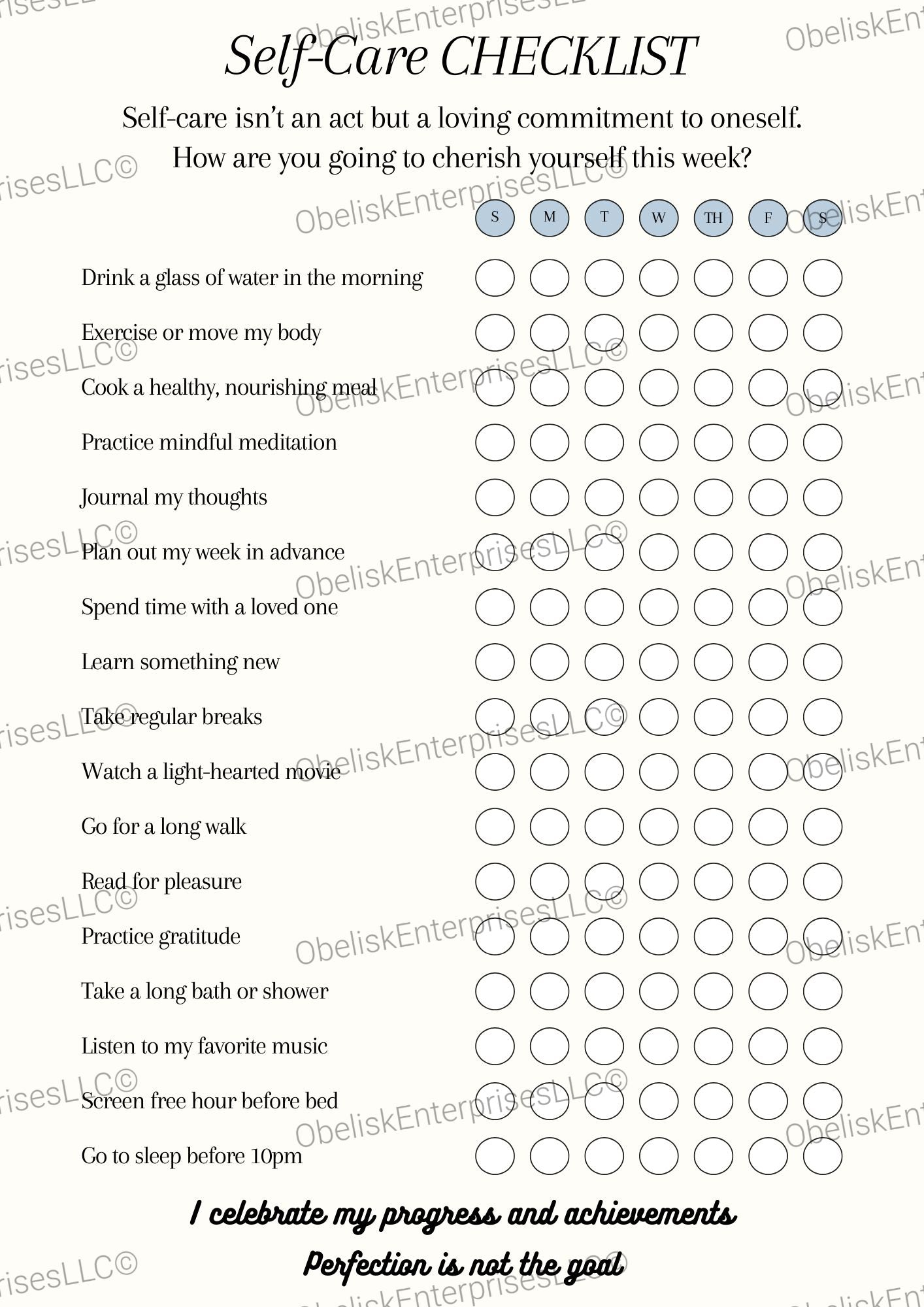 Self Care Tracker – 17 Habit Checklist, 7-Day Progress Chart