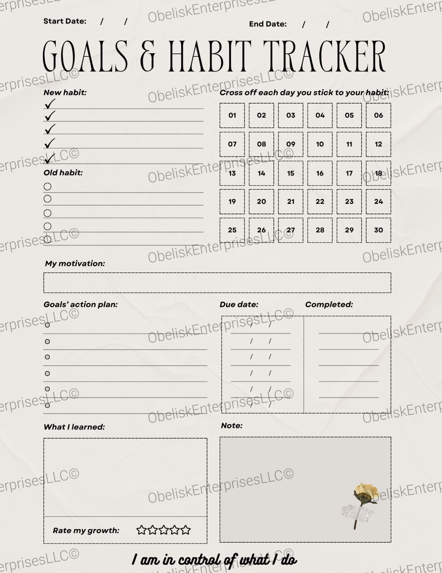 Goal and Habit Tracker Template - 30 Day Checklist, Motivation & Action Plan