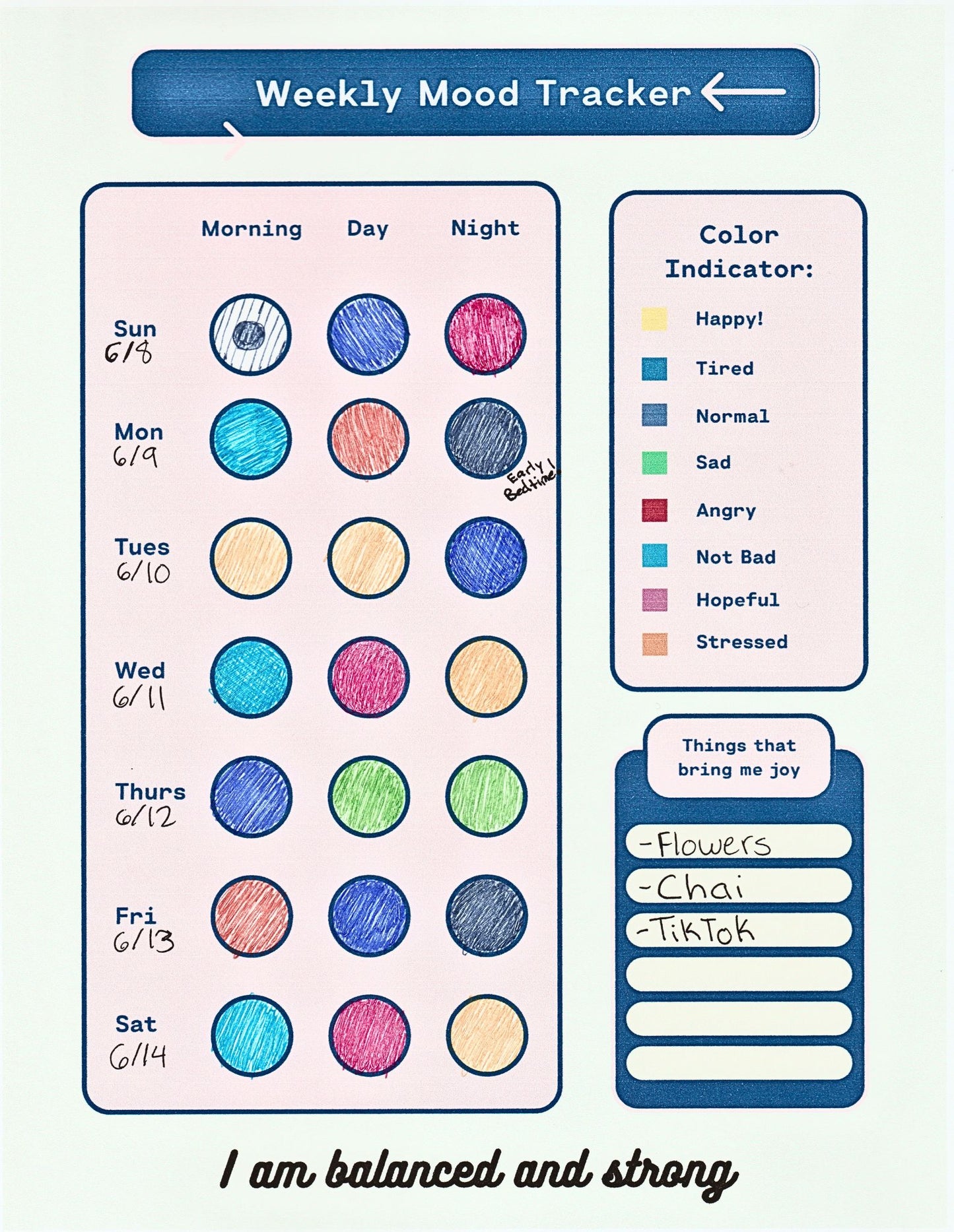 Weekly Mood Tracker Template -  7 Day Color Coded Reflection & Joy List