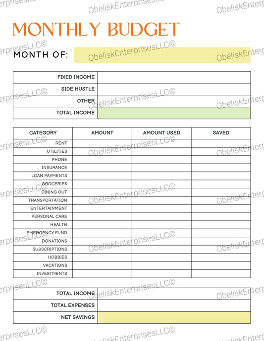 Monthly Budget Template - Fixed Income, Side Hustles & Modern Expense Tracker