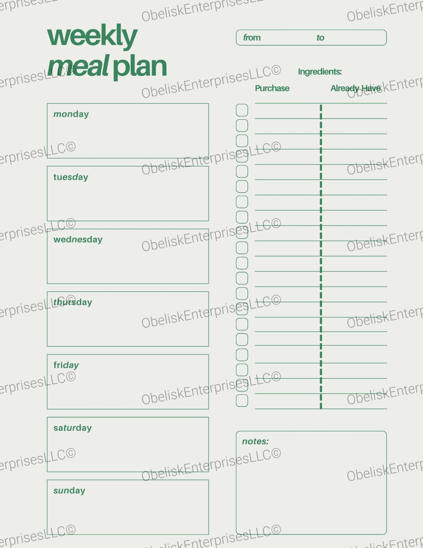 Weekly Meal Plan Template - Daily Meals, Ingredients List & Notes