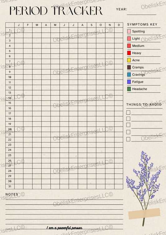 Yearly Period Tracker Template - 365 Days, Color Coded Symptoms & Empowered Wellness