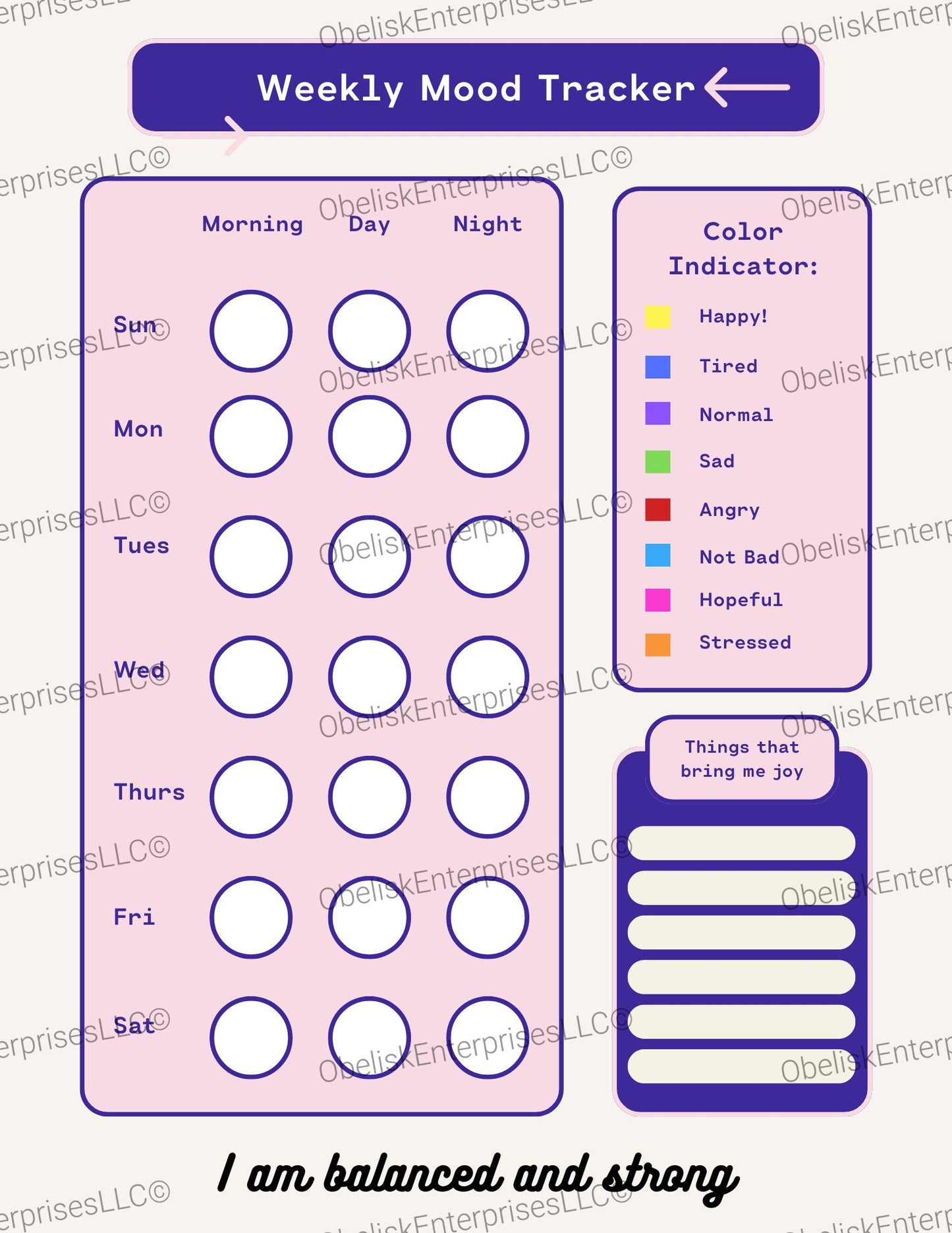 Weekly Mood Tracker Template -  7 Day Color Coded Reflection & Joy List