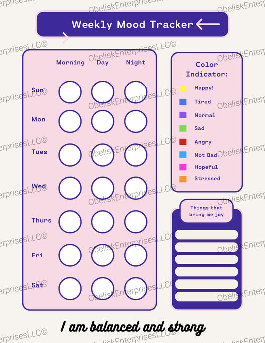 Weekly Mood Tracker Template -  7 Day Color Coded Reflection & Joy List