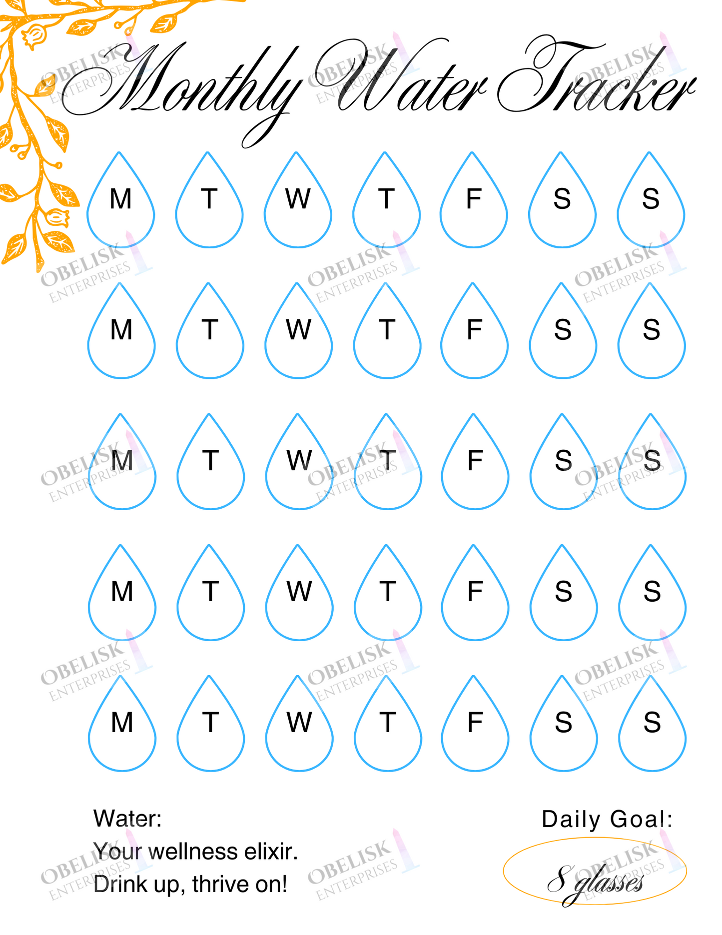 Monthly water tracker with water droplet design and days of the week labels.