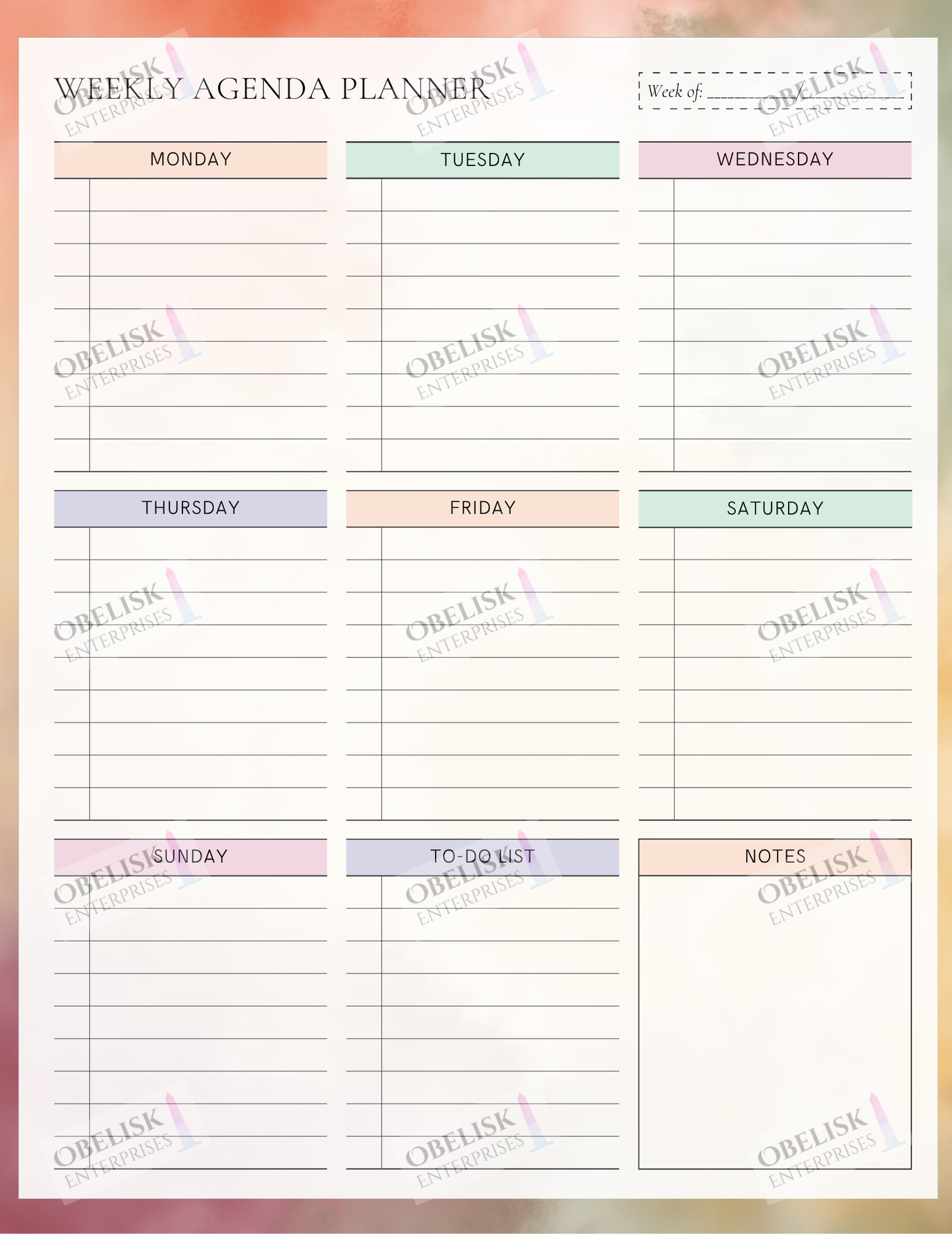 Weekly agenda planner with colorful days of the week labels on a white background.