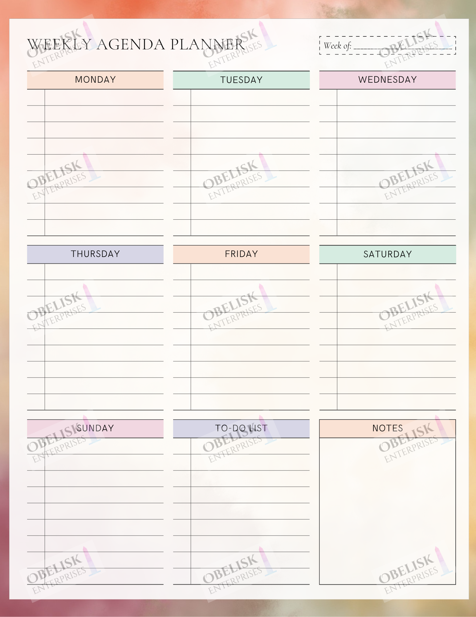 Weekly agenda planner with colorful days of the week labels on a white background.