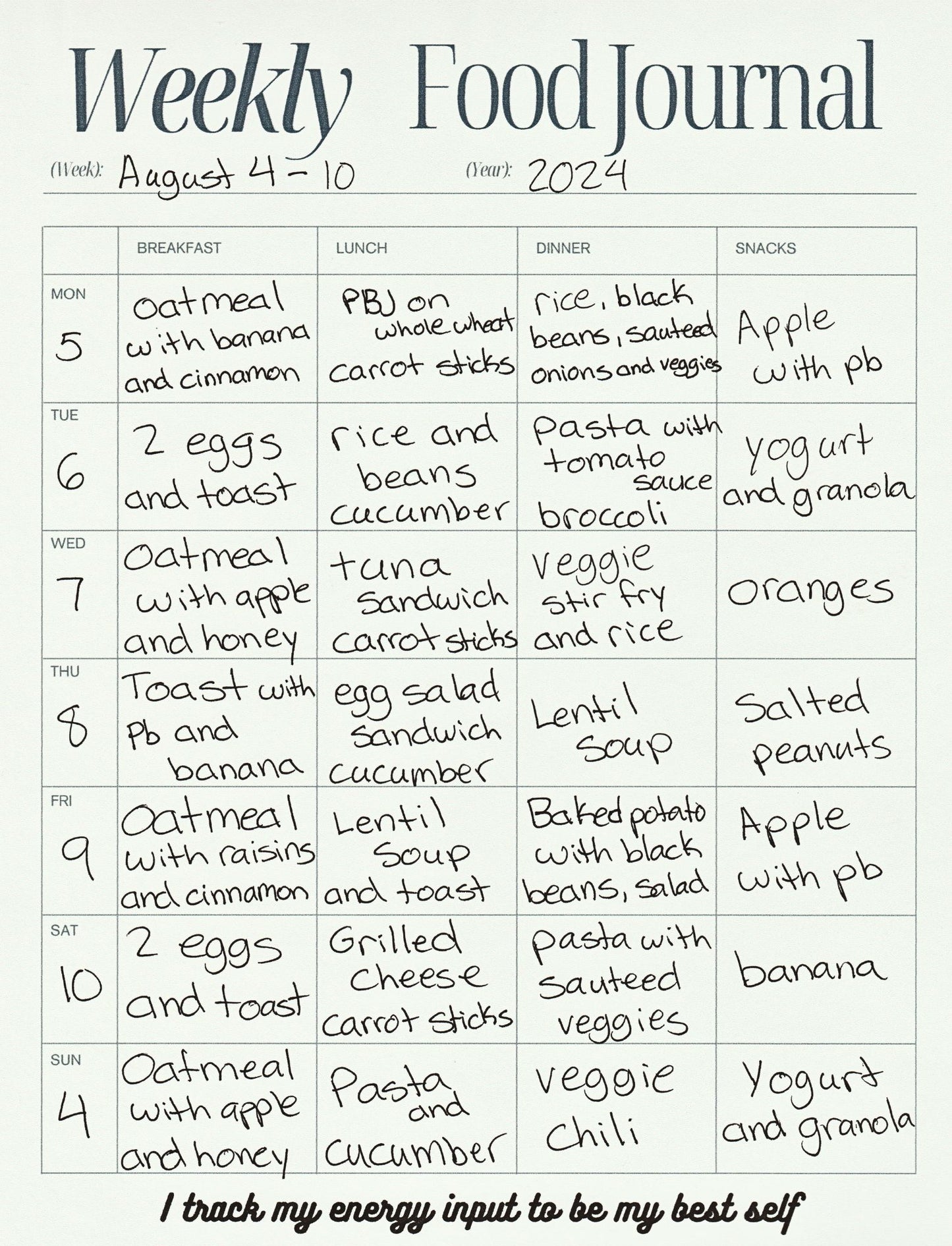 Weekly Food Journal Template - Breakfast, Lunch, Dinner, Snacks for 7 Days