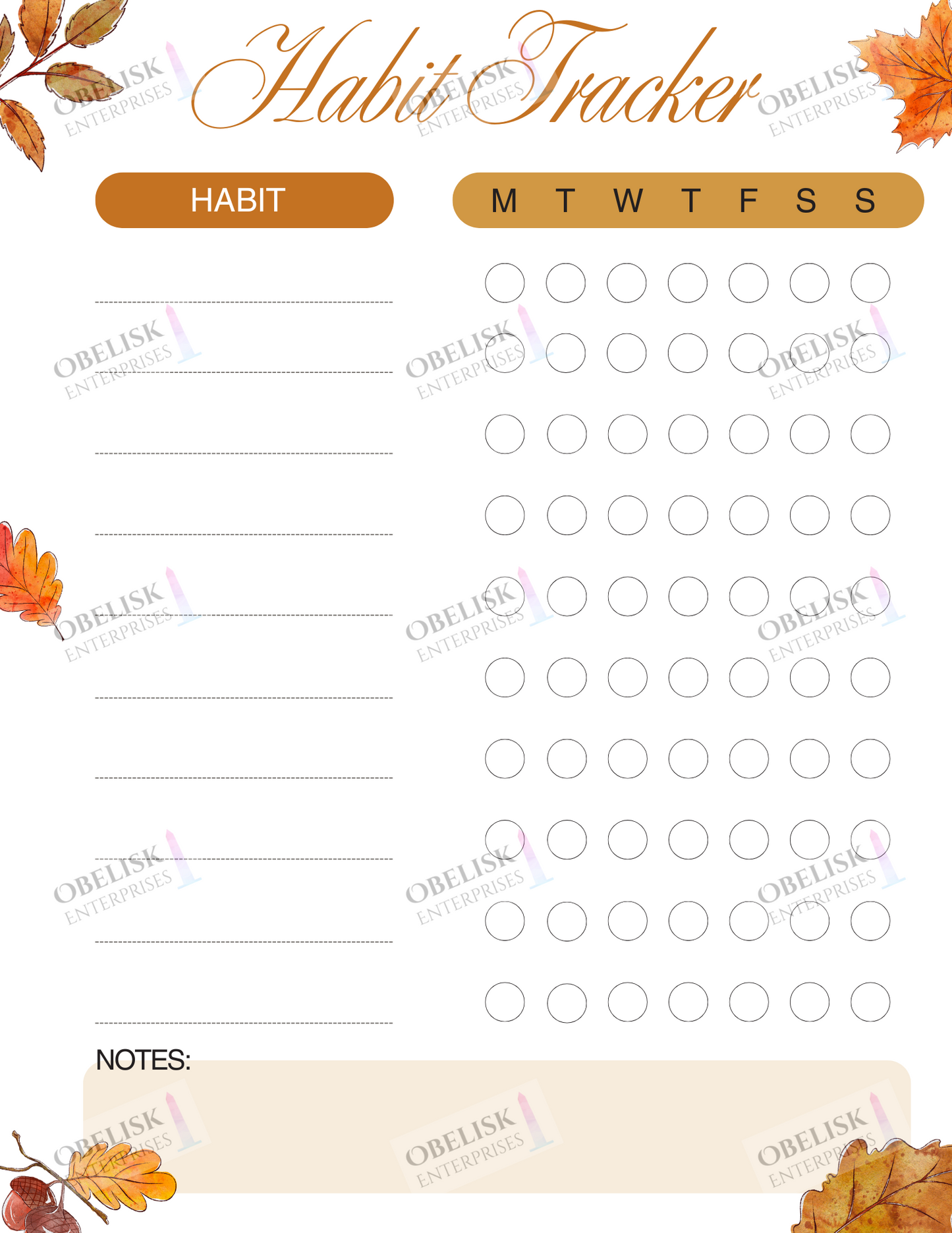 Habit tracker with fall-themed design and leaves
