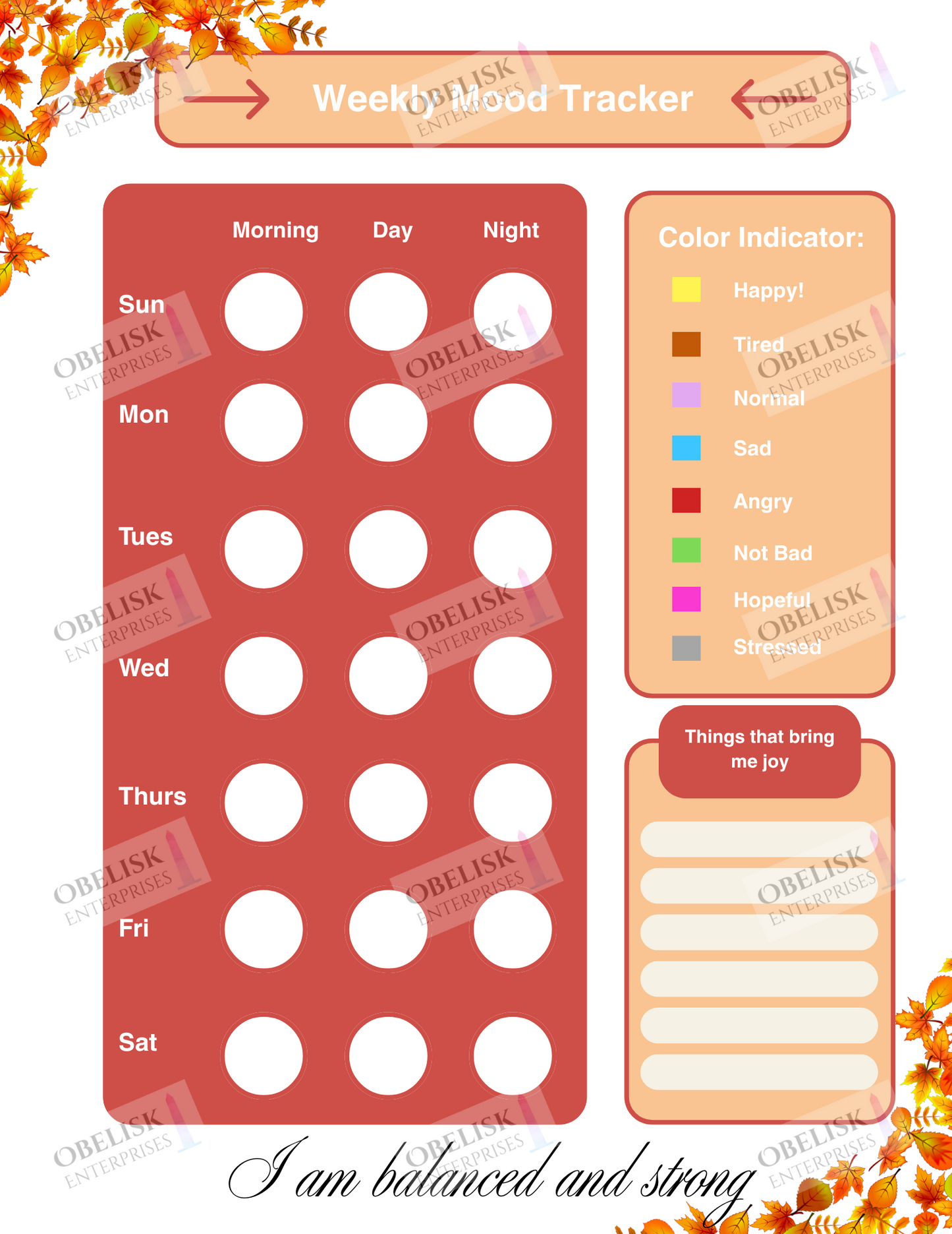 Weekly mood tracker with color indicator and space for personal notes on a white background.