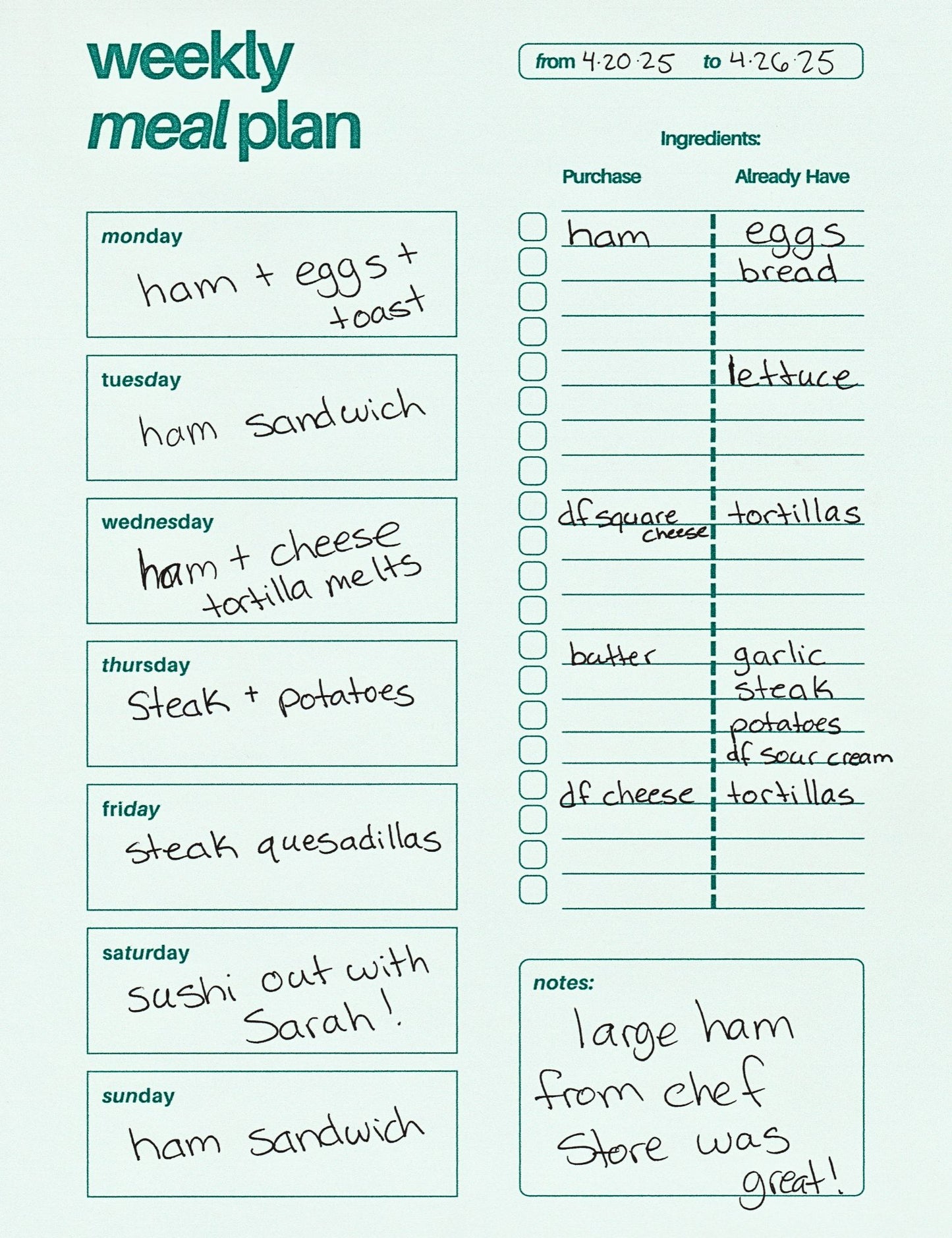 Weekly Meal Plan Template - Daily Meals, Ingredients List & Notes