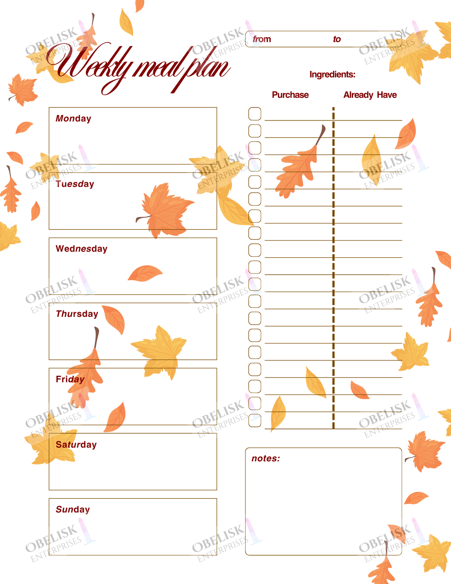 Weekly meal plan template with fall leaf design